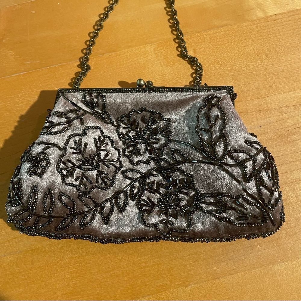 Vintage Velvet Rose Beaded Kiss Lock Bag